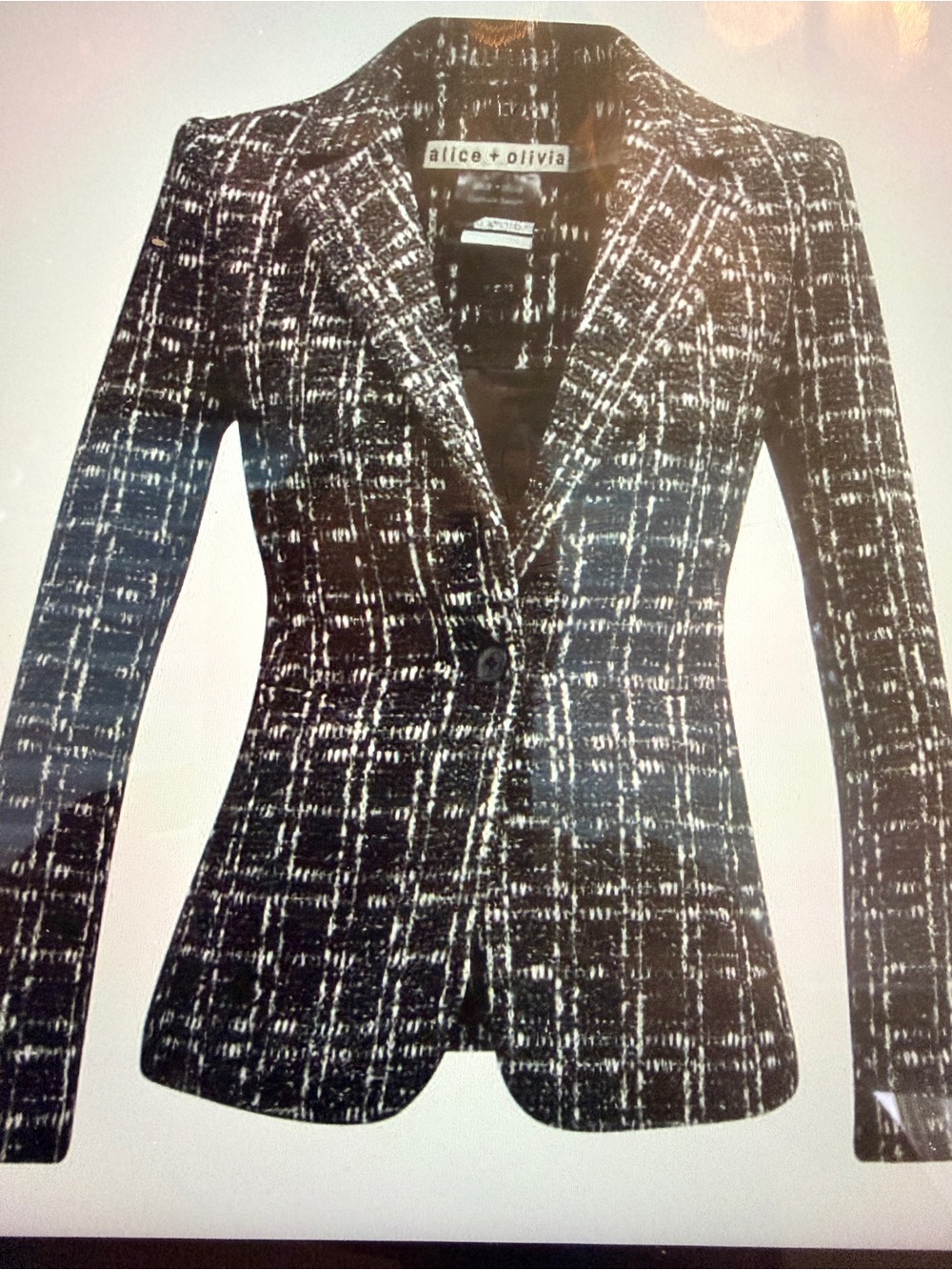 alice + olivia Black and White Tweed One-Button Blazer